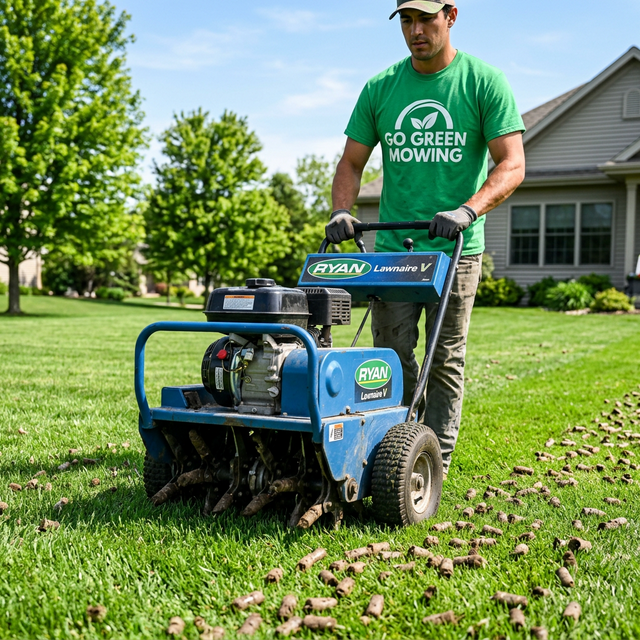Core aeration pulling soil plugs from a lawn in Elgin, South Surrey