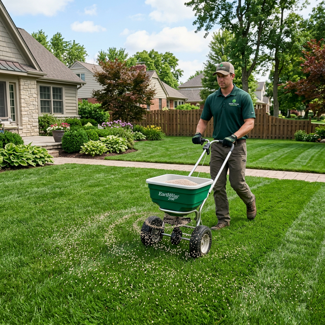 Organic lawn fertilizer being spread across a South Surrey lawn
