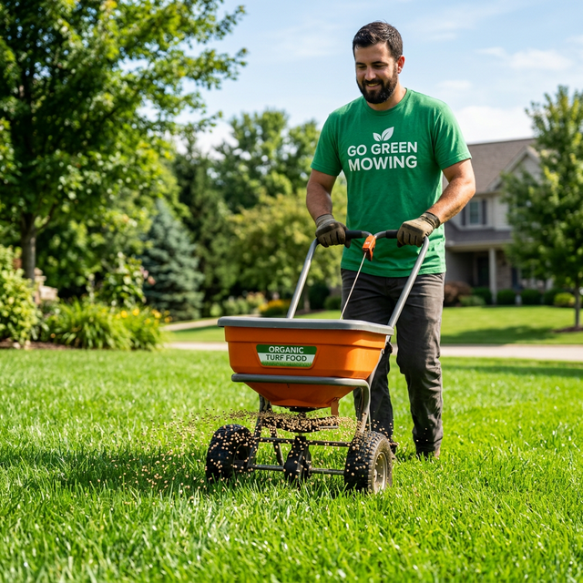 Applying organic slow-release fertilizer to a green BC lawn