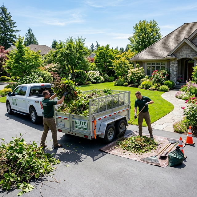 Bagged green waste being loaded for composting after a Surrey yard cleanup