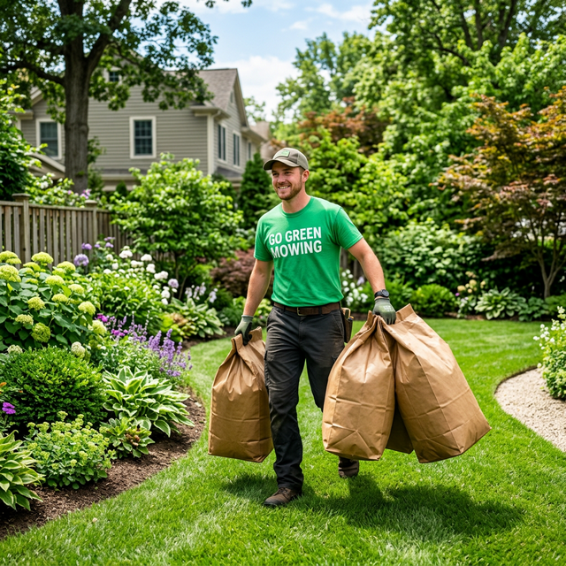 Go Green Mowing crew member carrying bagged green waste out of a Langley backyard