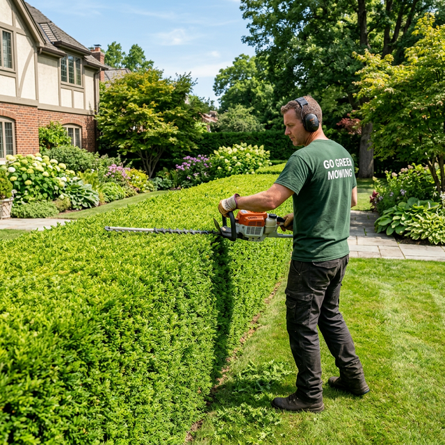 Go Green Mowing crew shearing a formal hedge at an Ocean Park property in South Surrey