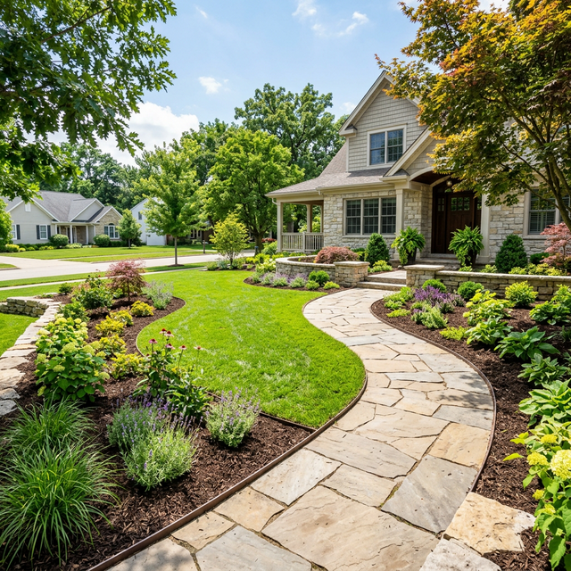 Flagstone walkway curving through landscaped garden beds at a Morgan Creek home