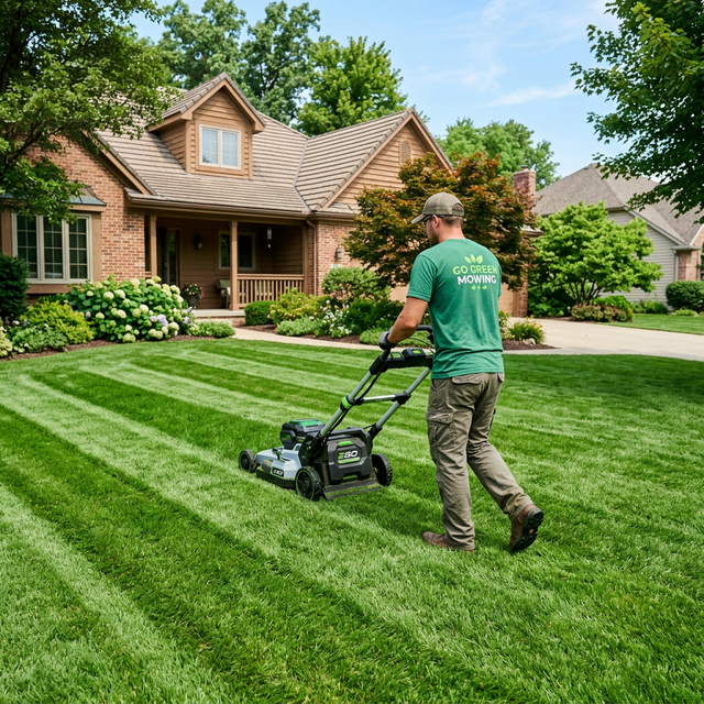 Go Green Mowing crew mowing a front lawn in Morgan Heights, South Surrey