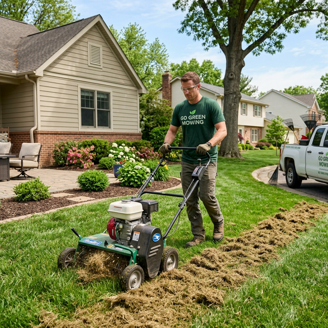 Power raking a Metro Vancouver lawn during spring cleanup