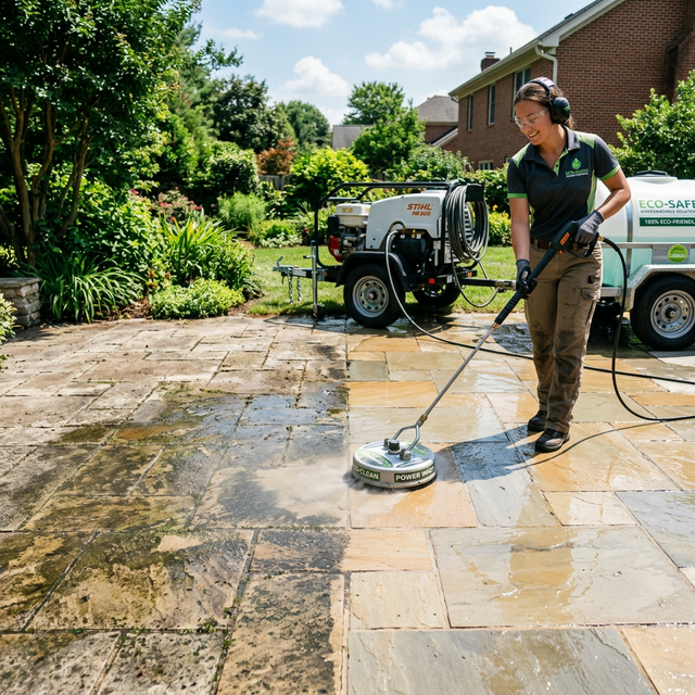 Power washing a moss-covered driveway in White Rock, BC