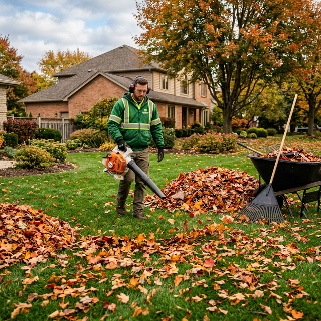 Fall leaf cleanup underway at an Elgin Chantrell property