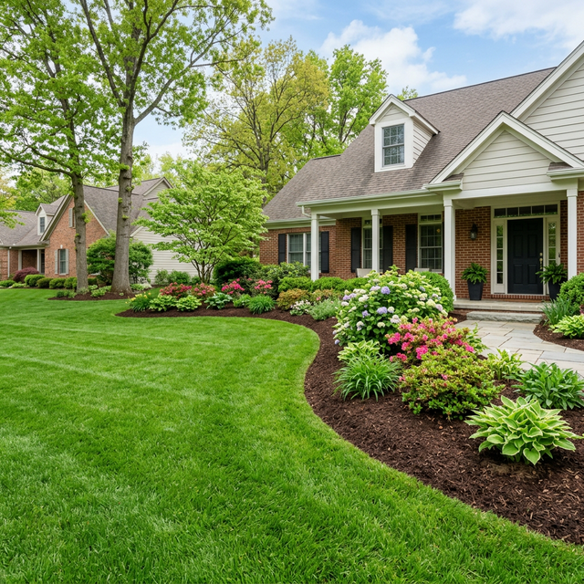 Mulched garden beds and manicured lawn at a Morgan Creek home